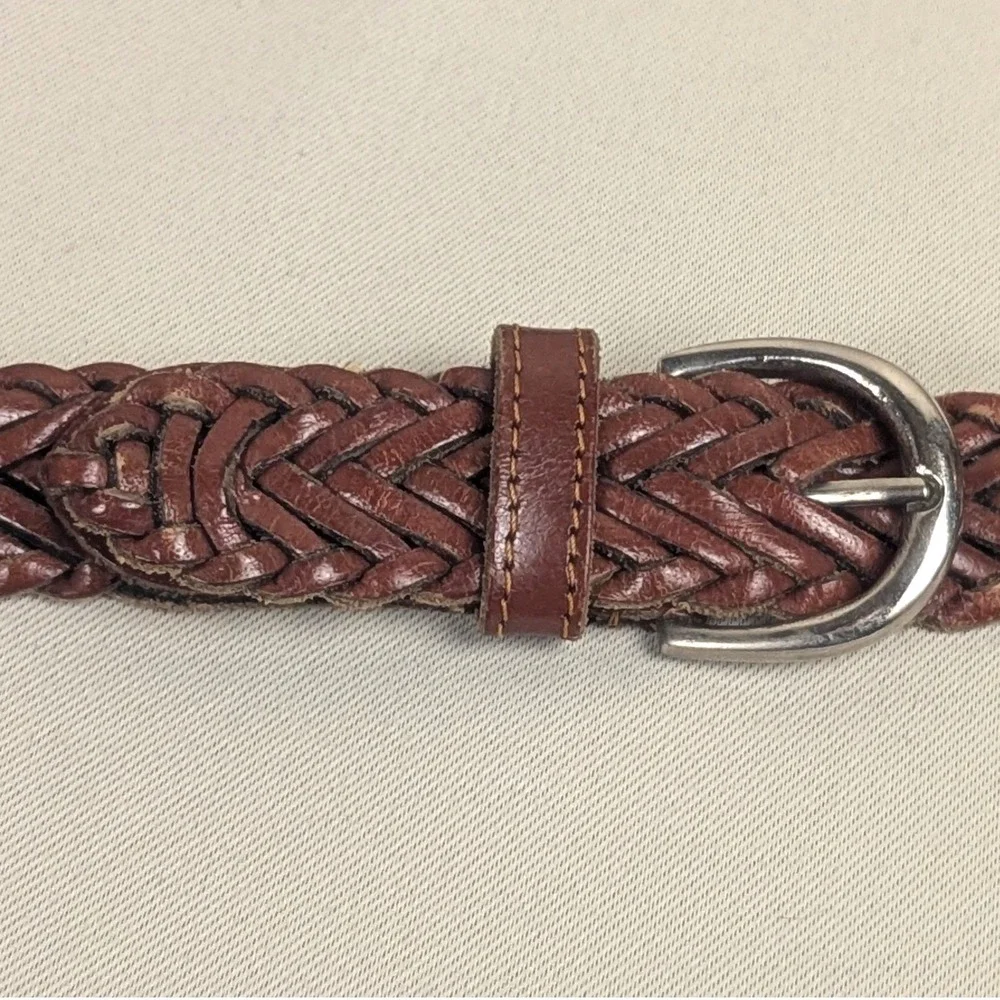 Sm Vintage Brown Braided Genuine Leather Belt Silver Buckle Woven Boho Unisex